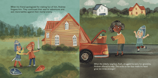 Andrew's Armor kids book. Spread of two boys outside shaking hands and Andrew helping his black neighbor with her groceries.